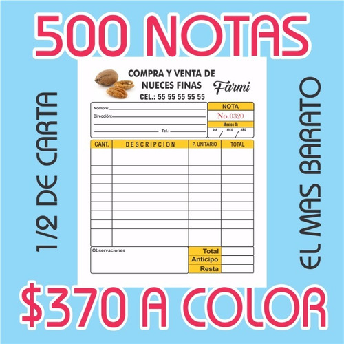 500 Notas De Venta O Remision 1/2 Carta Autocopiante A Color