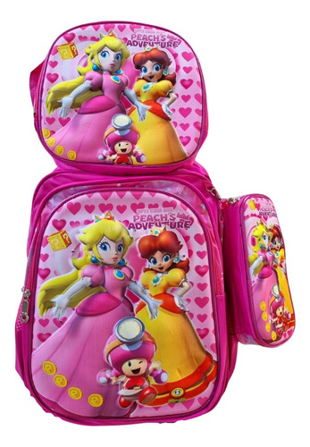 Mochila Escolar De Princesa Peach 3d Con Luces De Gran Capacidad Para Niña De Primaria Con Carrito Kit Mochila + Lonchera Térmica + Lapicera