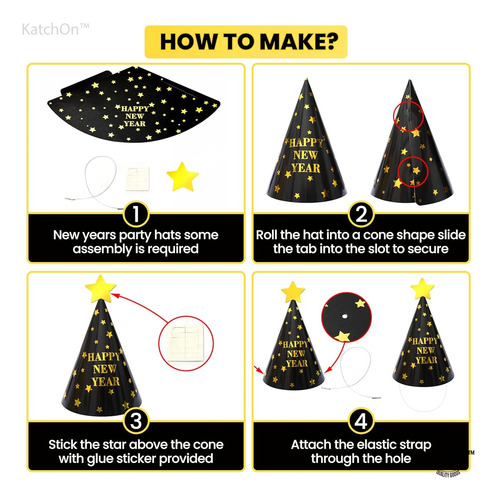 Gorro Para Fiesta De Año Nuevo 2025 Negro Con Dorado 12 Pza