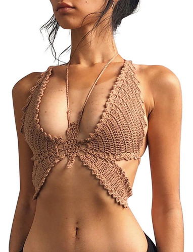 Bañador Boho Crochet Halter Bikini Crop Tops Mujer [u]