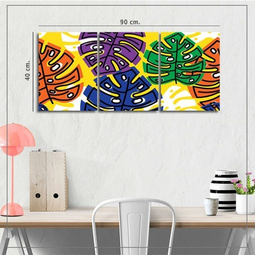 Cuadro Triptico Hojas Monstera Colores Moderno 90x40