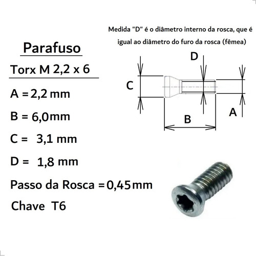 10 Torx Fixa Inserto Pastilha M 2,2 X 6 + M 2,5 X 8 + 2 Chav