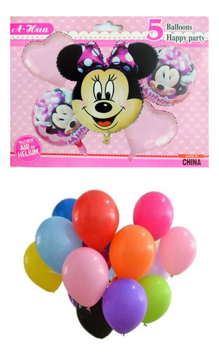 Globos Minnie X 5 Metalizados 40/60 Cm + 50 Globos Látex 