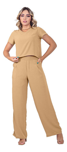 Conjunto Calça Pantalona Forrada Blusa Cropped Feminina