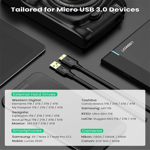 Imagen 5 de 6 de Cable Usb A Micro Usb 3.0 Ugreen Para Disco Duro Externo .5m