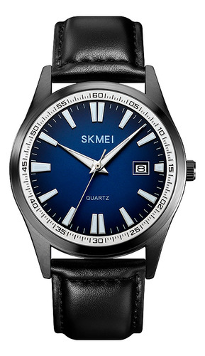 Reloj Hombre Skmei 1986 Acero Fecha Minimalista Elegante Malla Negro Fondo Azul