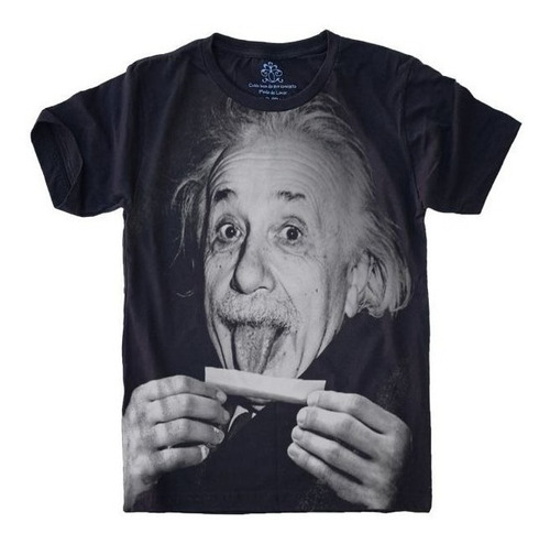 Camiseta Unissex Preta Einstein Lingua Manga Curta Plus Size