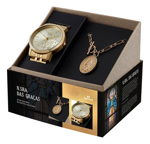 Kit Relógio Seculus Dourado Feminino Pulseira 44039lpskda1k1