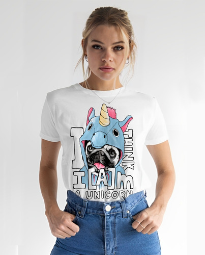  Remera Clásica Recta Blanca Dama, Perros Pug Unicornio