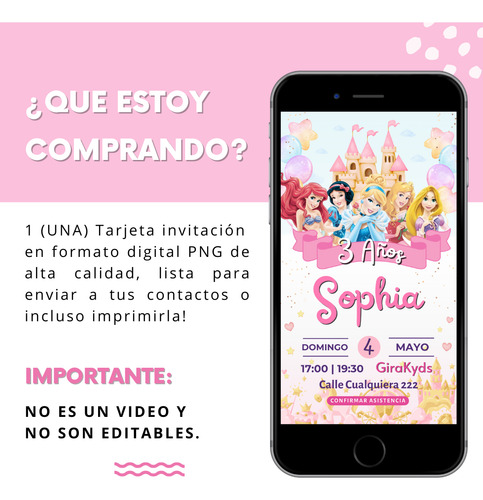 Invitación Tarjeta Digital Personalizada - Princesas Disney Castillo Princesas