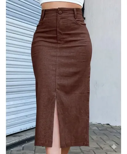 Saia Midi Feminina em Tecido Marrante com Fenda Frontal Premium Marrom