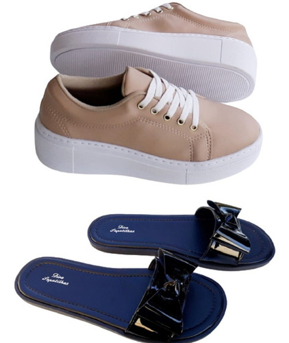 Imagem 1 de 6 de Kit Tênis Feminino Flatform Sola Alta Nude + Chinelo Slide