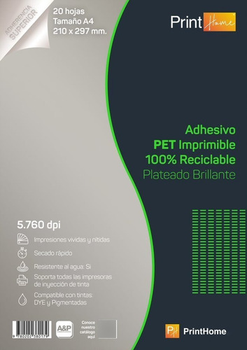 Papel Pet Adhesivo Imprimible Plateado Brillante A4x20hj 