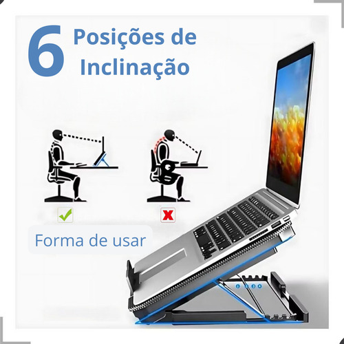 Suporte Notebook Zeus Store Com 2 Cooler Fans Ventoinhas Potentes Mesa Led Base Silenciosa Ergonômica Portátil Refrigerada Projetada Ajustável Laptops Até 17 Polegadas Escritório Home Office Cabo Usb