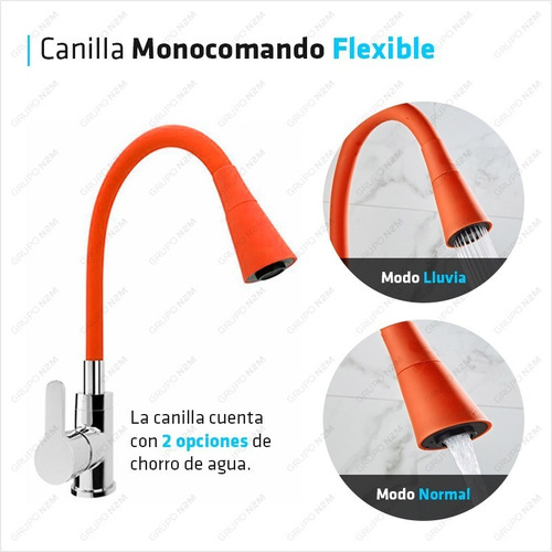 Imagen 3 de 10 de Griferia Canilla Monocomando Acero Gourmet Pico Flexible
