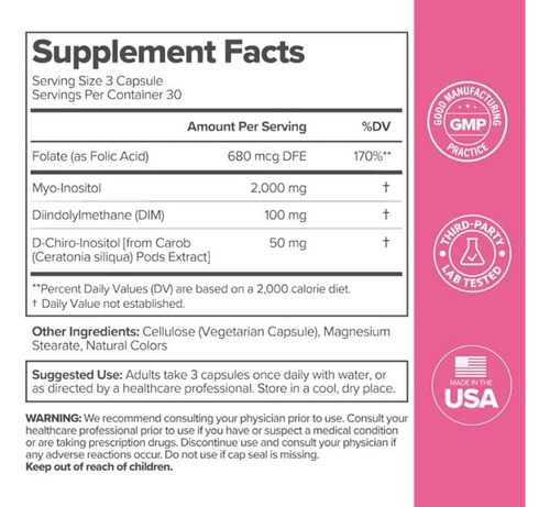 Elfleaf Flo Vitaminas Ováricas Female Hormone Balance 90 Cápsulas, Suplemento De Inositol Con Dim, Inositol Y D-thioinositol, Ácido Fólico