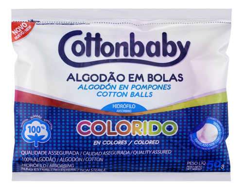 Algodão em Bolas Hidrófilo Colorido Cottonbaby Pacote 50g