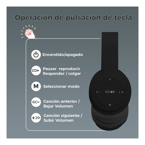 Audífonos Orejas De Gato Infantiles Bluetooth Auriculares Color Negro Luz RGB