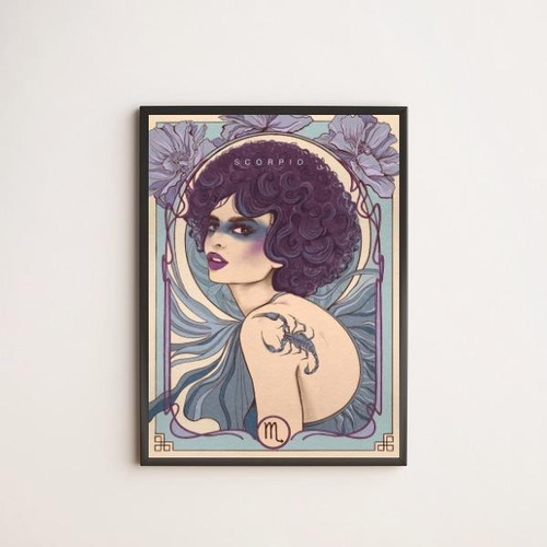 Quadro Vintage Signo Escorpião 45x34 Com Vidro Moldura Preta