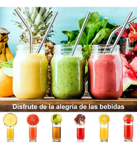 10 Popotes Metálicos Acero Inoxidable Curvo Recto + Cepillo