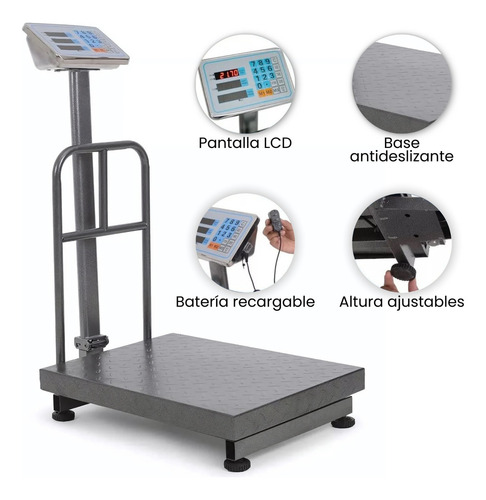 Bascula Electronica Comercial Industrial Digital 150 Kg 110v Gris Oscuro Resistente Plegable Alta Precisión Uso Rudo Pantalla LED Acero Inoxidable Mastil De Apoyo Recargable