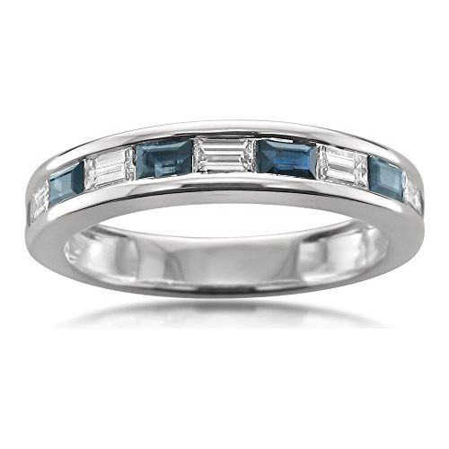 14k Oro Blanco Baguette Diamante Y Anillo De La Venda Azul Z