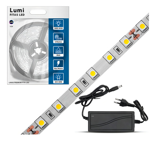 Fita Led 5050/smd 12v 5m 12v Ip20 Cor Da Luz Branco Frio 6500k Com Fonte