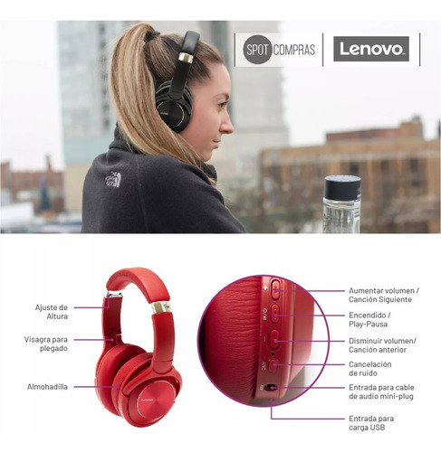 Auricular Inalambrico Bluetooth Vincha Rojo Lenovo Hd700 Rojo