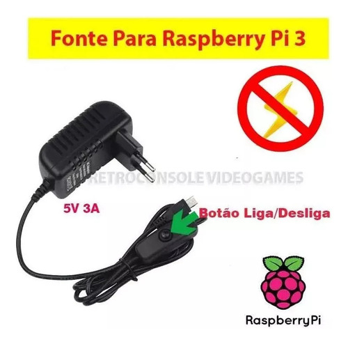 Kit 5x Fonte P/ Raspberry Pi3 Pi 3 B E B+ 5v 3a Botão On/off