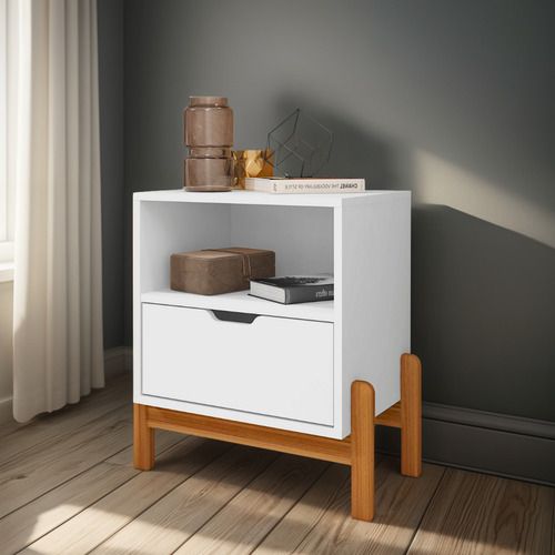 Mesa De Cabeceira Para Quarto Com Pés De Madeira E 1 Gaveta Acabamento Brilhante Cor Branco