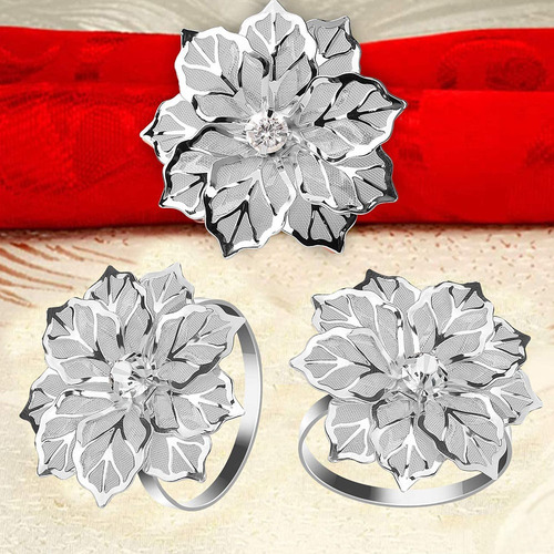 Servilleteros Hebilla Metal Con Diseño De Flores 12 Pcs Plateado
