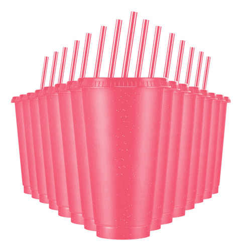 Vasos Reutilizables De 24 Oz Con Tapa Y Popote, 15 Piezas Color Rojo Sandía