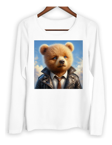 Remera Mujer Ml Oso Con Campera Cuero Simpatico Tierno M1