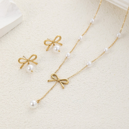 Set: Collar+aretes, Moño Lazo Perlas Acero Inoxidable 304 Dorado