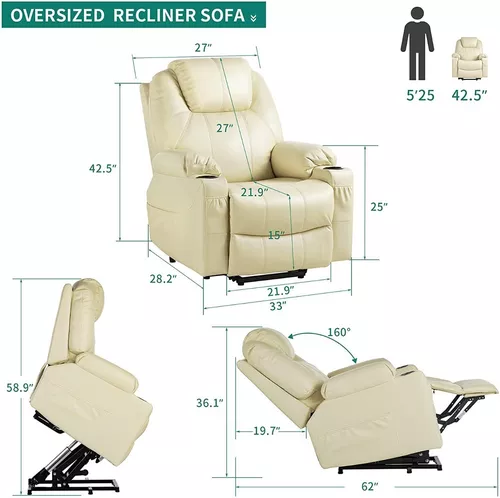 Sillón reclinable eléctrico para ancianos. Sofá de masaje eléctrico con  calefacción, bolsillos laterales, portavasos, puertos USB, mando a  distancia