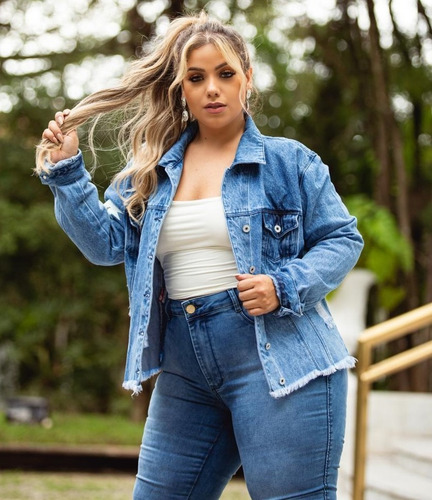 Imagem 3 de 8 de Jaqueta Jeans Feminina Bordada Onça 6332