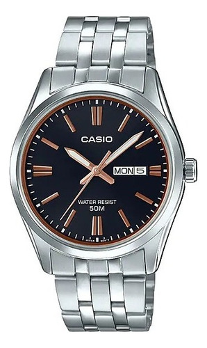 Reloj Casio Modelo Mtp-1335 Negro Barras Color de la correa Plateado Color del bisel Plateado Color del fondo Negro 1A2