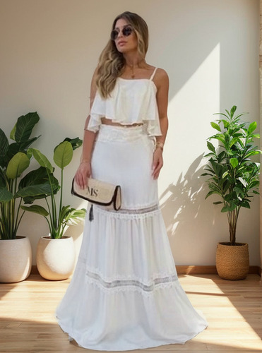 Conjunto Branco Cropped E Saia Longa Reveillon Papilloo