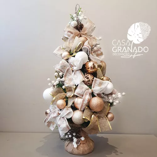 Árvore De Natal Rosa E Dourado Decorada Pronta P Uso 70cm