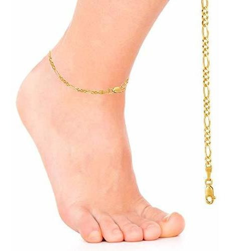 Imagen 5 de 5 de Tobillera De Cadena Figaro De Oro Amarillo Real De 14k, 10