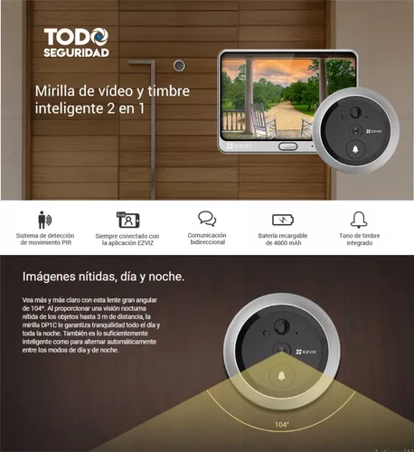 Videoportero Con Mirilla y Pantalla WiFi Ezviz, de Batería Recargable, para  Instalarse en Puerta, Cámara 720p