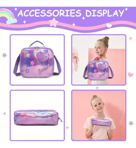 Conjunto De Mochila Con Ruedas Para Niñas 3 En 1 Con Sweet Lila Orejas Con Moño Y Corazon