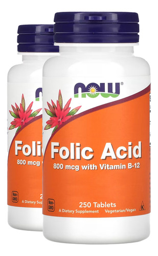 Ácido Fólico 800mcg Vit. B-12 Now Foods 250tab 2un Sabor Sem Sabor
