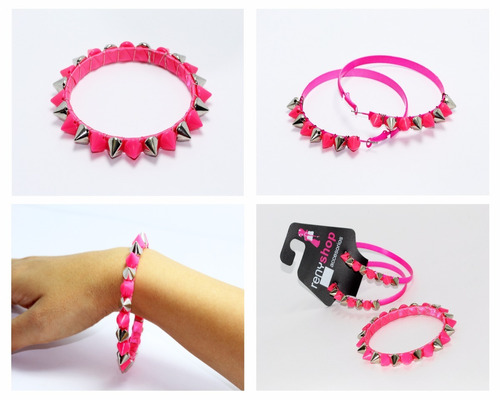 Pulsera Casual Dama Moda Colmillos Fucsia Plata Aretes Pc212