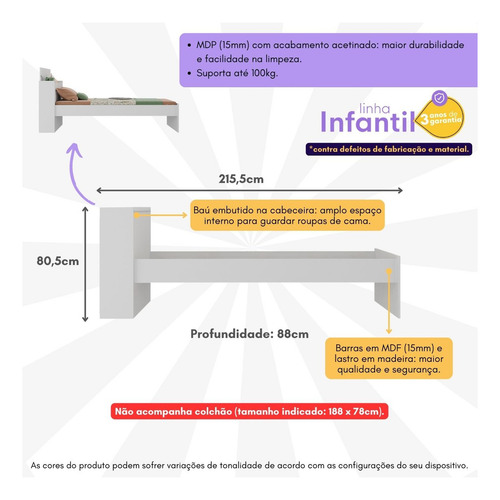 Cama Solteiro P/ Colchão 188x78cm Com Baú Multimóveis Mp4229 Cor Branco