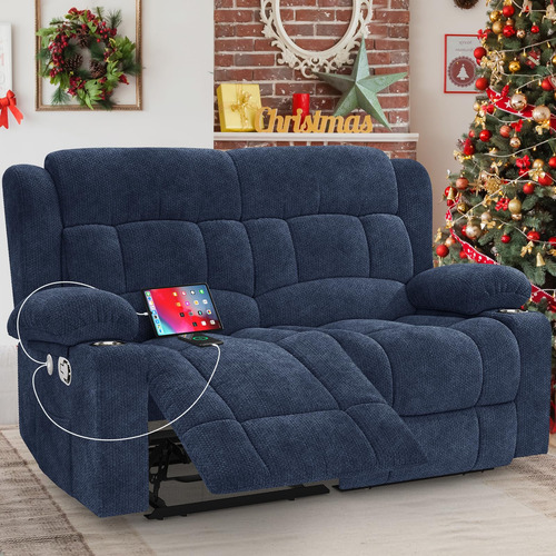 Sofá Reclinable 2 Plazas Tela Minimalista Color Azul Usb Blue Diseño De La Tela