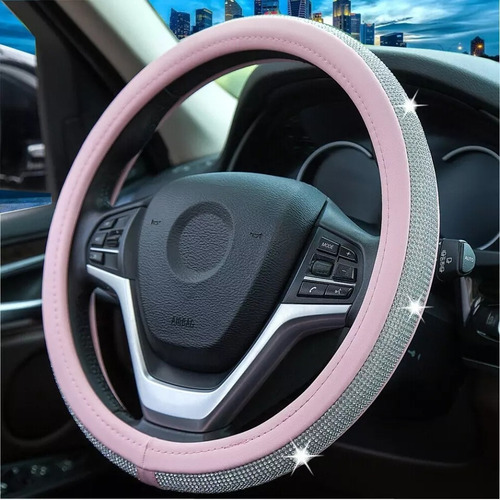 Set Funda Cubre Asiento Auto Rosa + Cubre Volante Rosa Piedr