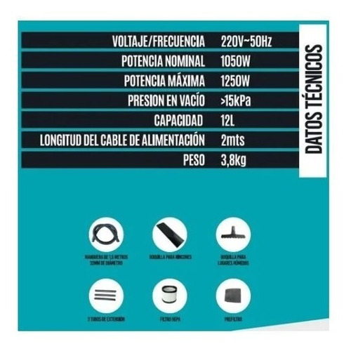 Imagen 2 de 4 de Aspiradora Seco Humedo 12 Lts Profesional Acero Inoxidable