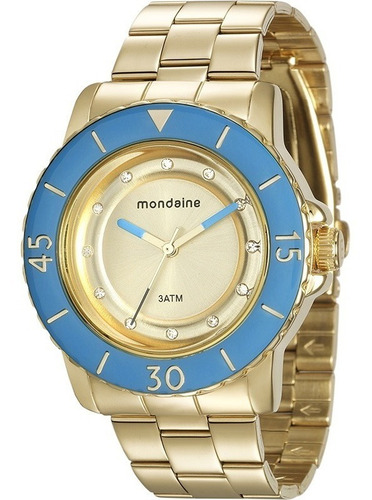 Relógio Mondaine Feminino Aro Azul 76646lpmvde1 Cor da correia Dourado