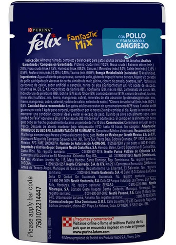 Imagen 2 de 2 de Purina Felix Fantastic Pollo Y Salsa Cangrejo 85 G